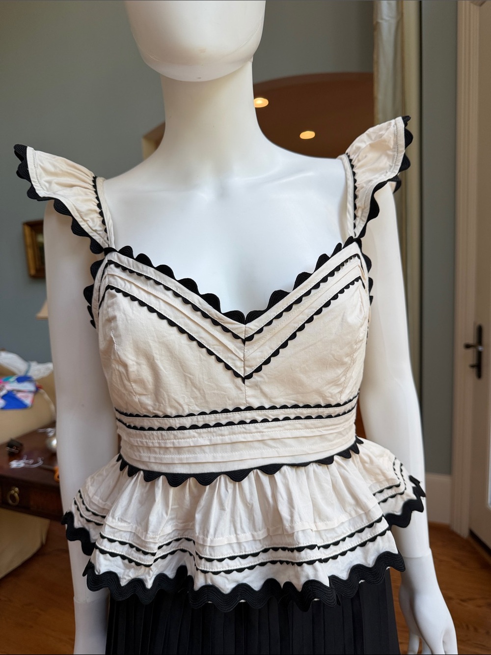 vestique Cream and Black Ruffled Peplum Crop Top